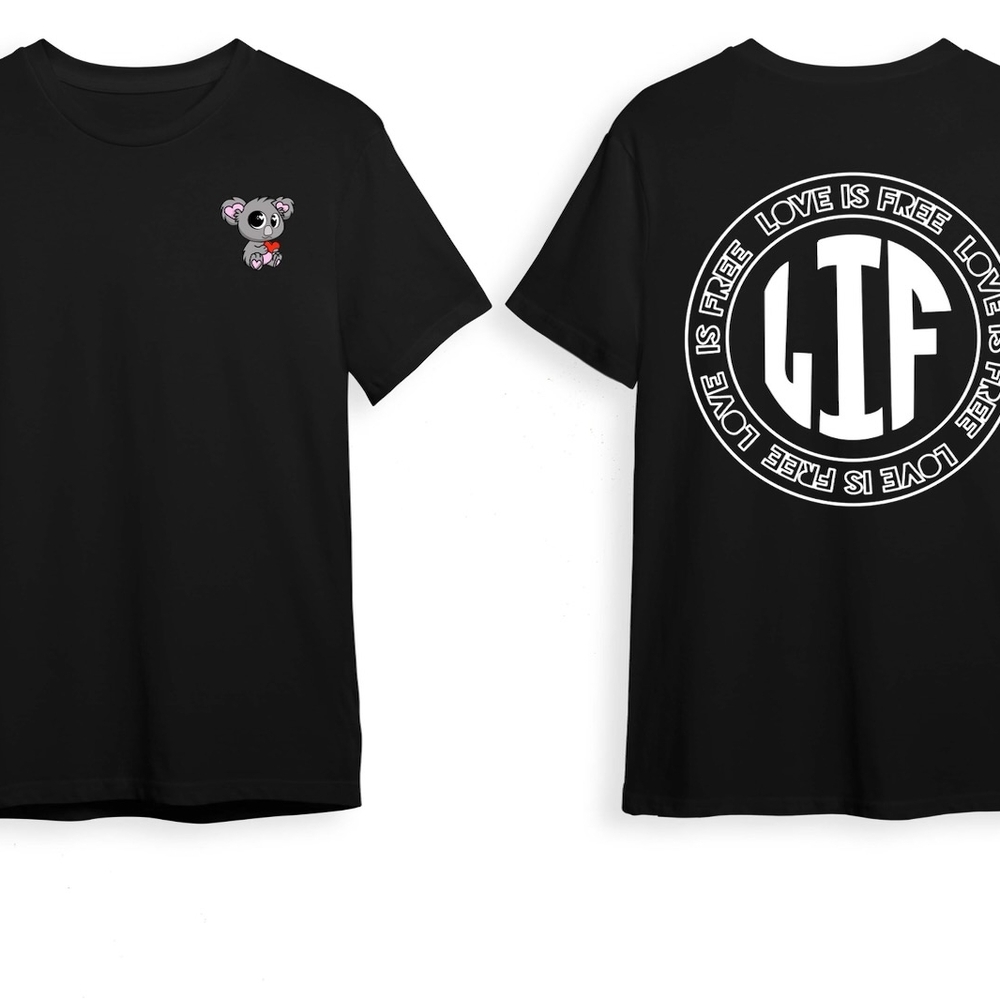 Black T-Shirt with Koala and Love Is Free Design